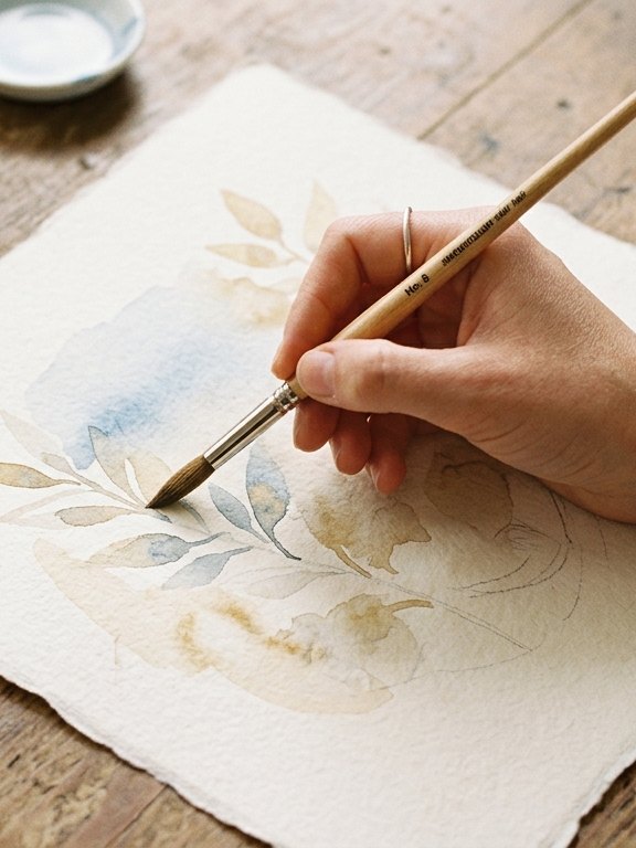 Mano pintando hojas en acuarela sobre papel de algodón
