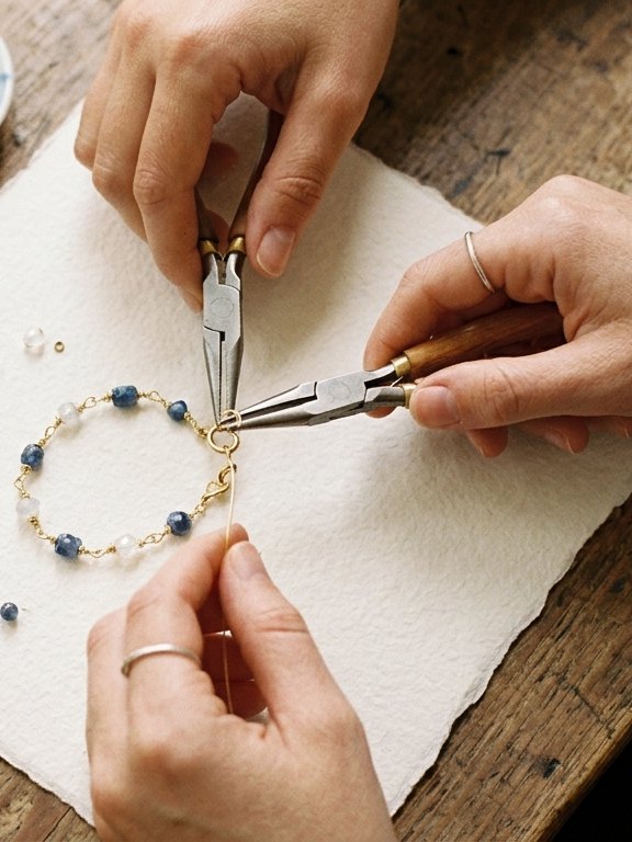 Manos montando una pulsera con cuentas y alicates
