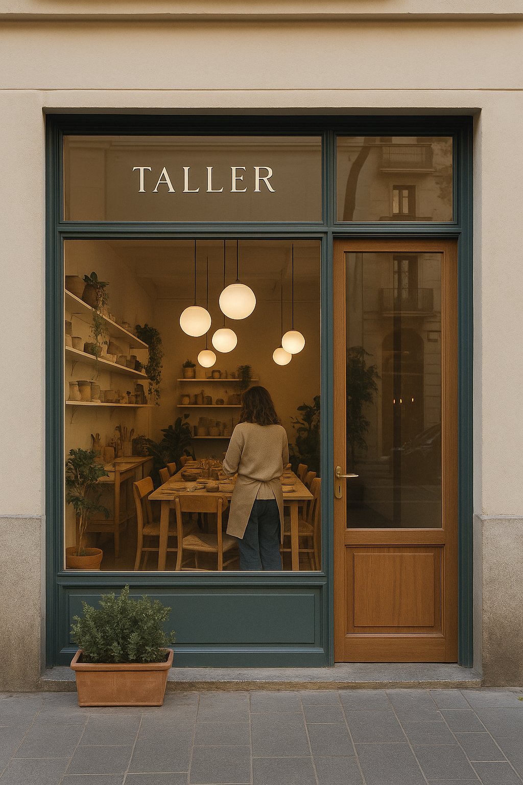Fachada de un pequeño taller con el escaparate iluminado